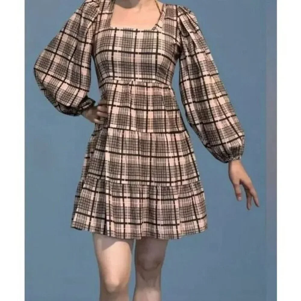 Topshop Babydoll Mini Dress Balloon Long Sleeve Size 4 Boho Gingham Brown - Picture 1 of 15
